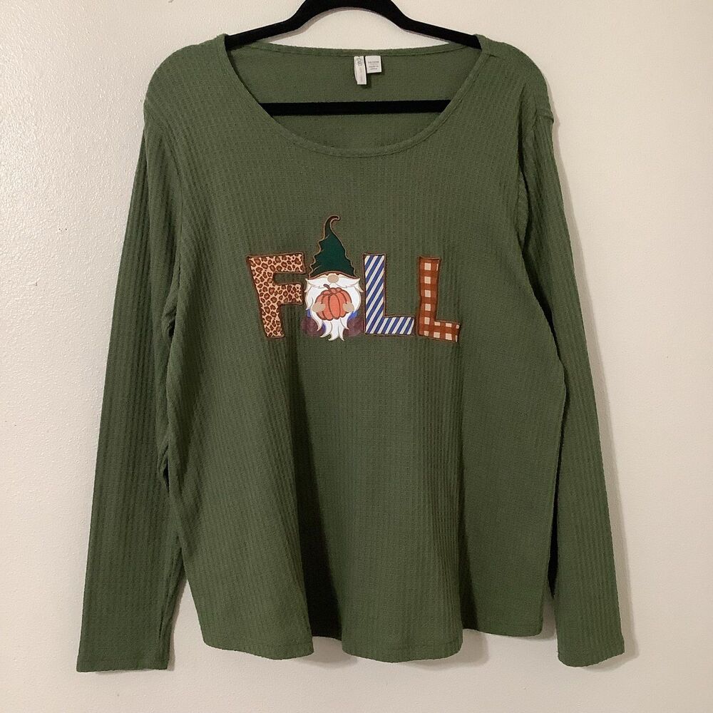 Green Autumn Fall Waffle Knit Pumpkin Gnome Oversized Long Sleeve Top 14/16W